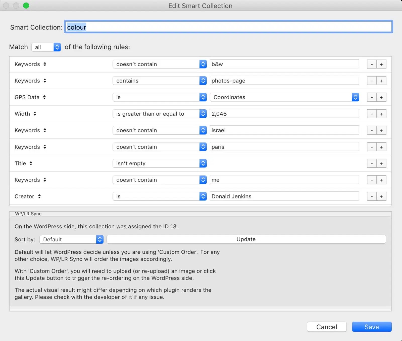 The WP/LR Sync smart collections in …